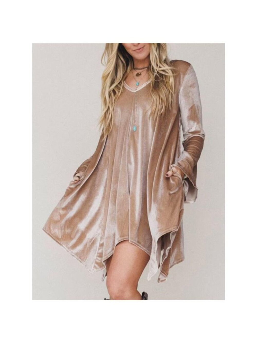 V-Neck Velvet Swing Asymmetrical Dress with Pockets